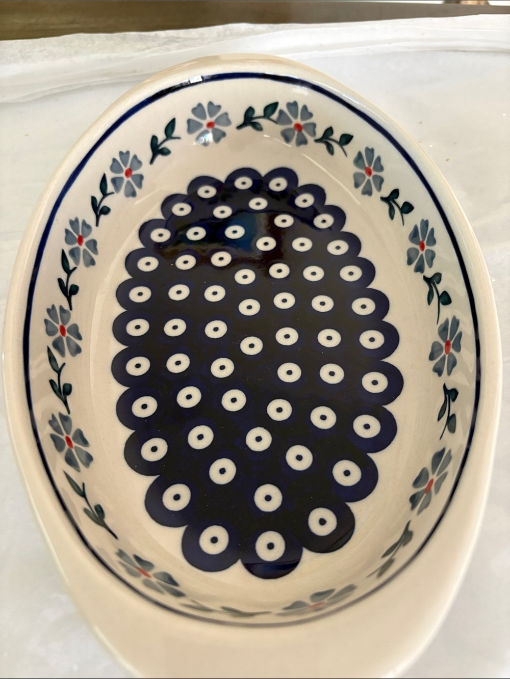 Authentic Polish Pottery - Peacock W Flowers Boleslawiec - Oval Casserole Dish - Picture 2 of 9